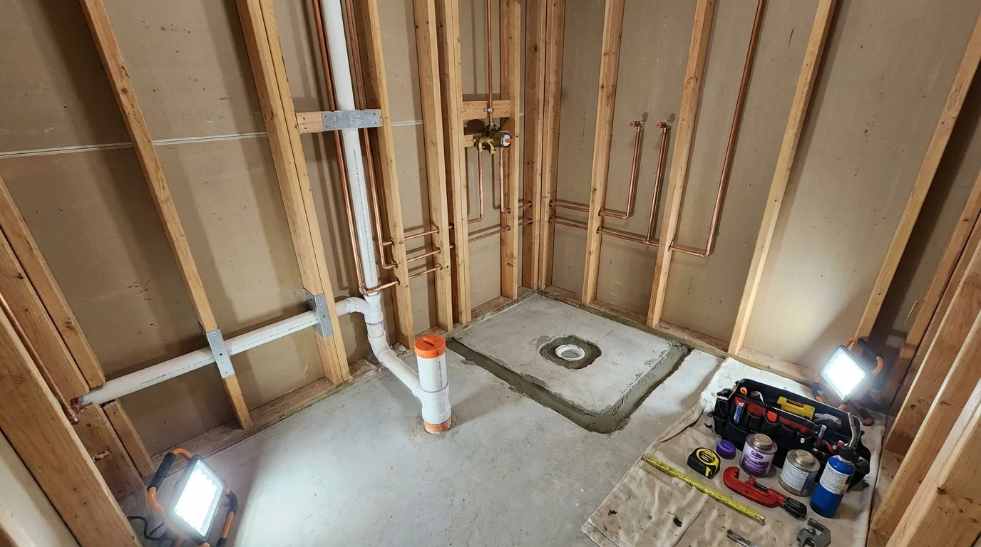 Bathroom rough-in plumbing during remodel by Johns Plumbing LLC in Sunnyvale