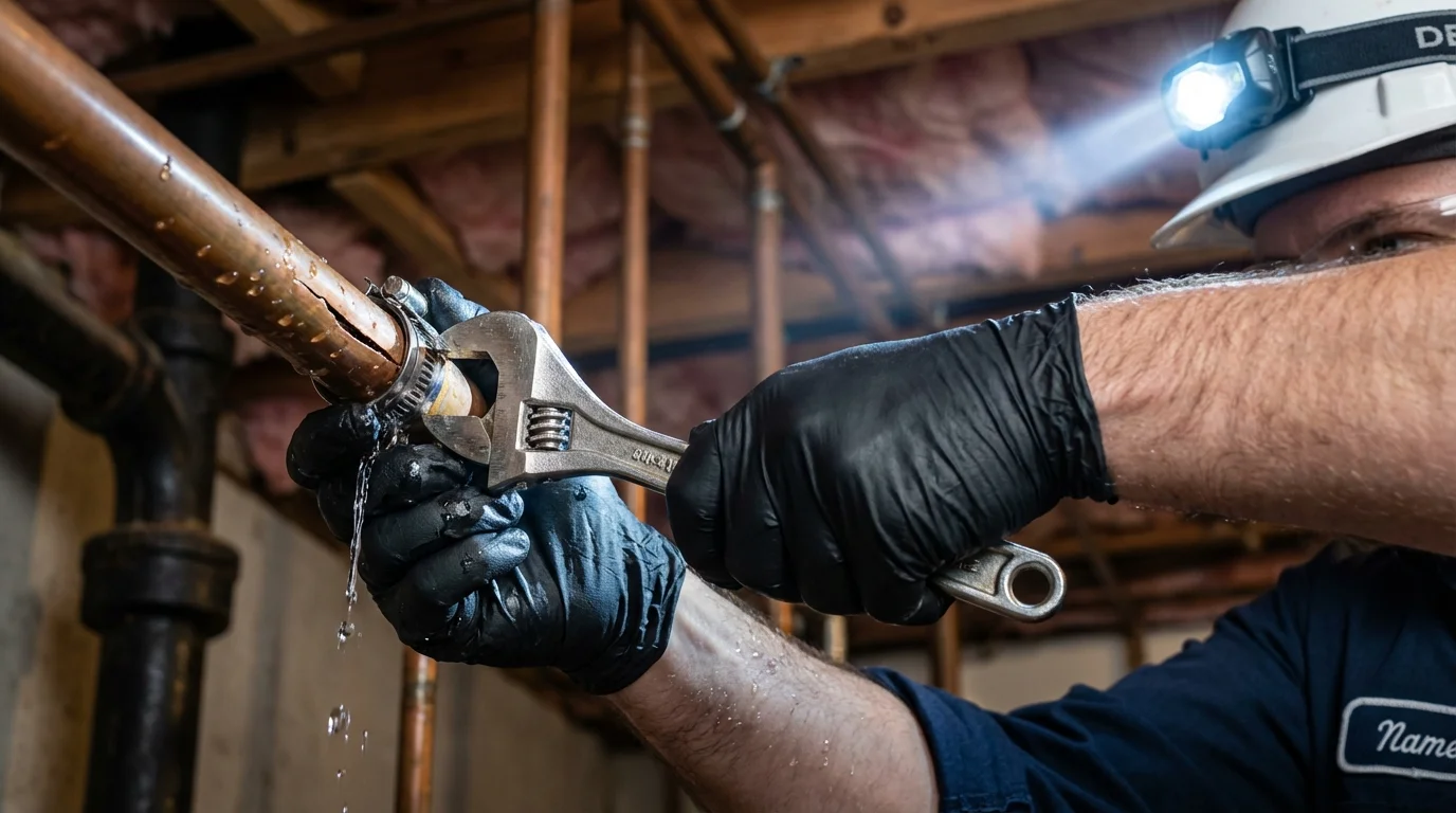 Emergency pipe clamp repair being performed by a Johns Plumbing LLC plumber in Sunnyvale