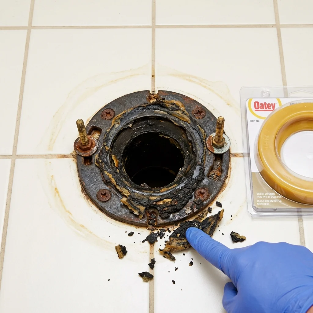 Failed wax ring showing water seepage at the base of a toilet in a Sunnyvale, TX home